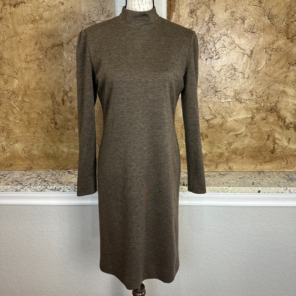 VTG Victor Costa Dress Women's 12 Wool Blend Mock Neck Long Sleeve Heather Brown